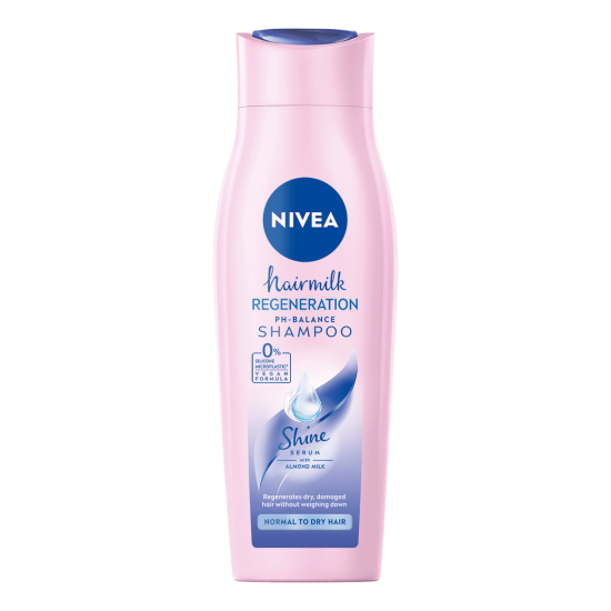 NIVEA HAIRMILK REGENERATION SHINE подхранващ шампоан за блясък и интензивна грижа за нормална до суха коса 250 мл