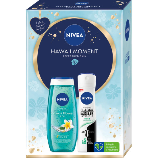 НИВЕА HAWAII MOMENT ПРОМО КОМПЛЕКТ део спрей BLACK & WHITE INVISIBLE FRESH 150 мл + HAWAII FLOWER & OIL душ-гел за тяло 250 мл