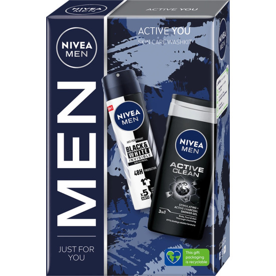 NIVEA MEN ACTIVE YOU ПРОМО КОМПЛЕКТ BLACK & WHITE INVISIBLE ORIGINAL део спрей за мъже 150 мл + ACTIVE CLEAN душ гел 250 мл