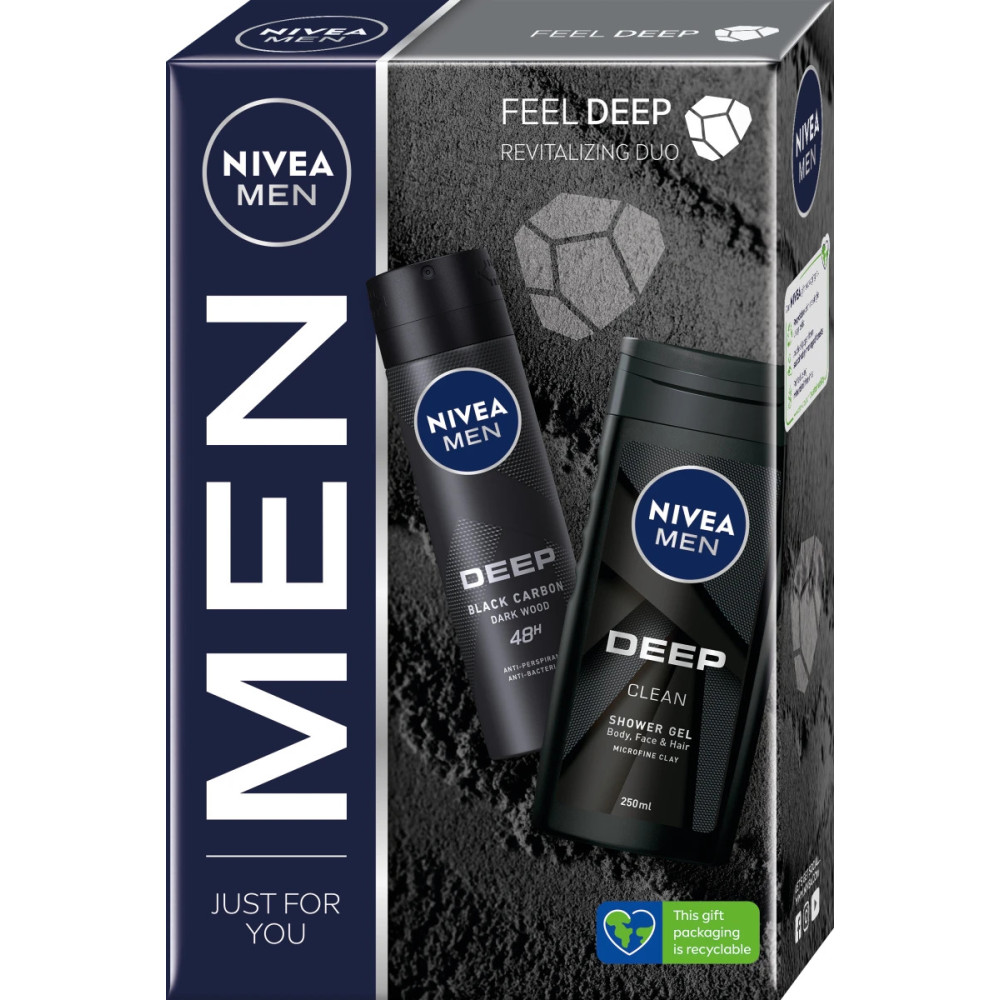 НИВЕА MEN Комплект FEEL DEEP: Део спрей Deep Black Carbon 150 мл + Душ гел Deep Clean 250 мл - Грижа за тялото