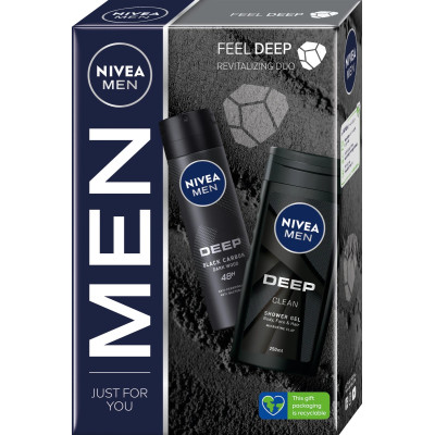 НИВЕА MEN Комплект FEEL DEEP: Део спрей Deep Black Carbon 150 мл + Душ гел Deep Clean 250 мл