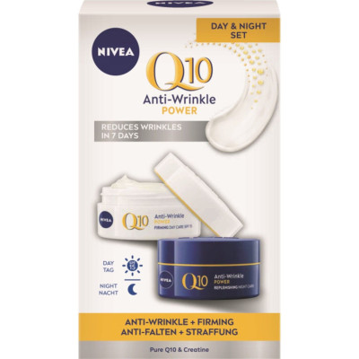 НИВЕА ПРОМО КОМПЛЕКТ Q10 ANTI-WRINKLE POWER стягащ дневен крем за лице със SPF15 + регенериращ нощен крем за лице 50 мл