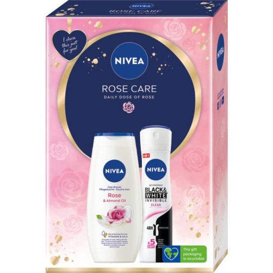 NIVEA ROSE CARE ПРОМО КОМПЛЕКТ део спрей BLACK & WHITE INVISIBLE CLEAR 150 мл + ROSE & ALMOND OIL душ-гел за тяло 250 мл