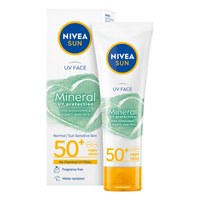 НИВЕА SUN MINERAL UV PROTECTION SPF50+ слънцезащитен крем за лице с минерални филтри 50 мл