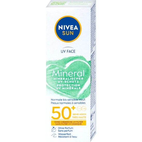 НИВЕА SUN MINERAL UV PROTECTION SPF50+ слънцезащитен крем за лице с минерални филтри 50 мл