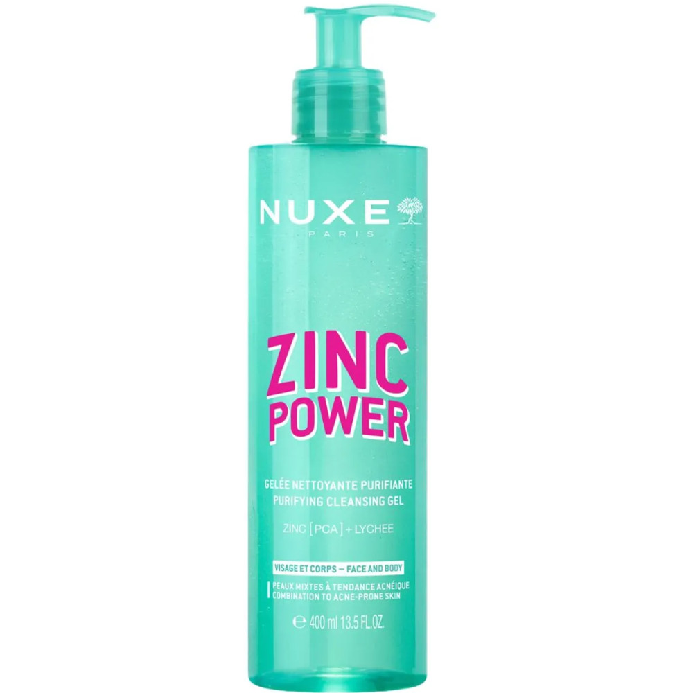 NUXE ZINC POWER GEL пречистващ почистващ гел за лице за комбинирана кожа склонна към несъвършенства с цинк и екстракт личи 400мл - Грижа за лицето