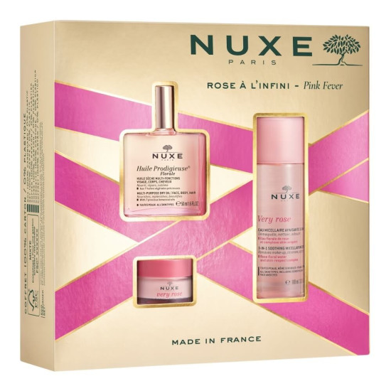 НУКС ROSE A LINFINI PINK FEVER КОМПЛЕКТ мултифункционално сухо масло 50 мл + мицеларна вода 100 мл + балсам за устни роза 10 гр