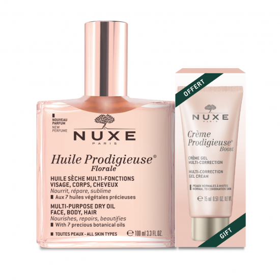 ᐉ НУКС ПРОМО КОМПЛЕКТ HUILE PRODIGIEUSE FLORAL флорално сухо олио 100 мл + PRODIGIEUSE BOOST мултикоригиращ гел-крем 15 мл