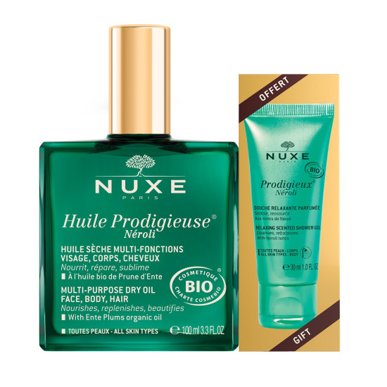 ᐉ НУКС ПРОМО КОМПЛЕКТ PRODIGIEUSE NEROLI мултифункционално сухо масло 100 мл + PRODIGIEUX NEROLI релаксиращ душ-гел 30 мл