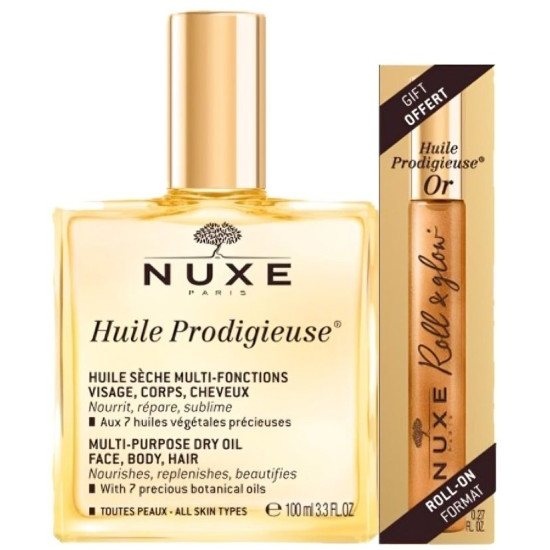 NUXE HUILE PRODIGIEUSE ПРОМО КОМПЛЕКТ мултифункционално сухо масло 100 мл + HUILE PRODIGIEUSE OR рол-он 8 мл