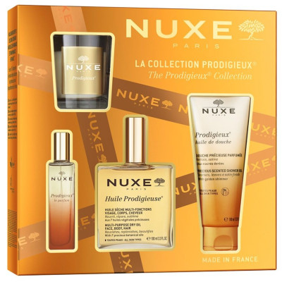 NUXE HUILE PRODIGIEUSE ПРОМО КОМПЛЕКТ сухо масло 100 мл + парфюм 15 мл + душ олио 100 мл + ароматна свещ 60 г