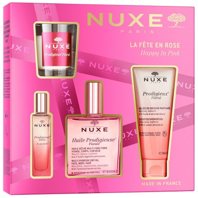 NUXE HUILE PRODIGIEUSE FLORAL ПРОМО КОМПЛЕКТ флорално сухо масло 100 мл + флорален парфюм 15 мл + флорално душ олио 100 мл +свещ