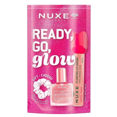 NUXE GLOW ON THE GO VERY ROSE ПРОМО КОМПЛЕКТ уплътняващ серум за устни 8 мл + сухо масло със златисти частици 10 мл + скрънч