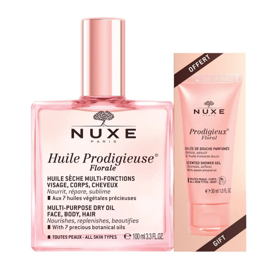 NUXE HUILE PRODIGIEUSE ПРОМО КОМПЛЕКТ Florale флорално сухо олио за лице коса и тяло 100 мл + ПОДАРЪК флорален душ гел 30 мл