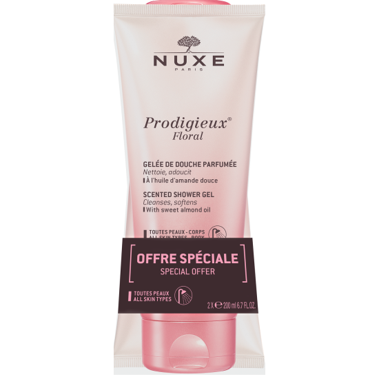 ᐉ НУКС PRODIGIEUX FLORAL ПРОМО КОМПЛЕКТ чувствен душ-гел с масло от сладък бадем за всеки тип кожа 2 х 200 мл