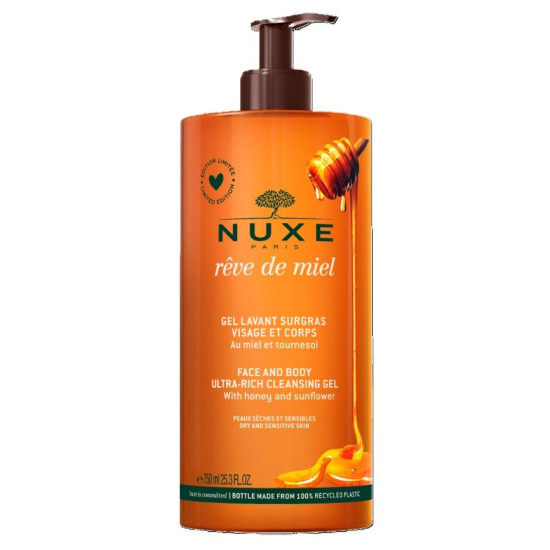 NUXE REVE DE MIEL Ultra-Rich Cleansing Gel богат почистващ гел за лице и тяло за суха и чувствителна кожа 750 мл