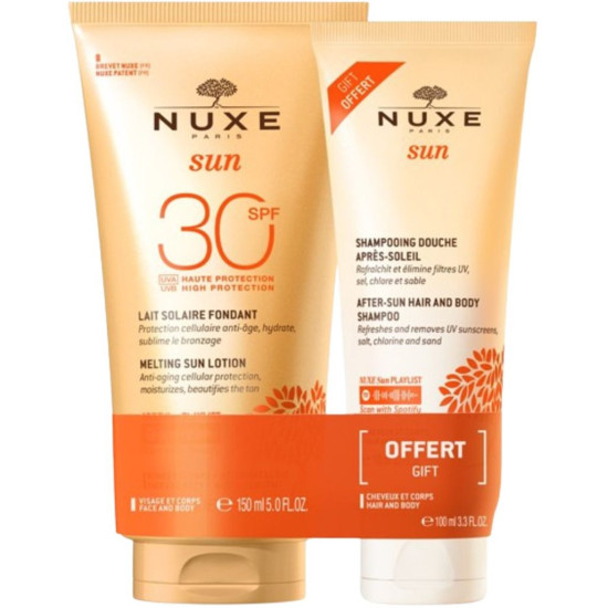 NUXE SUN ПРОМО КОМПЛЕКТ SPF30 слънцезащитен лосион за лице и тяло 150 мл + шампоан за коса и тяло за след слънце 100 мл