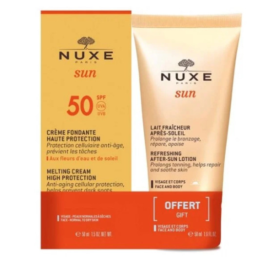 NUXE SUN ПРОМО КОМПЛЕКТ SPF50 слънцезащитен деликатен крем за лице 50 мл + AFTER-SUN лосион за след слънце 50 мл