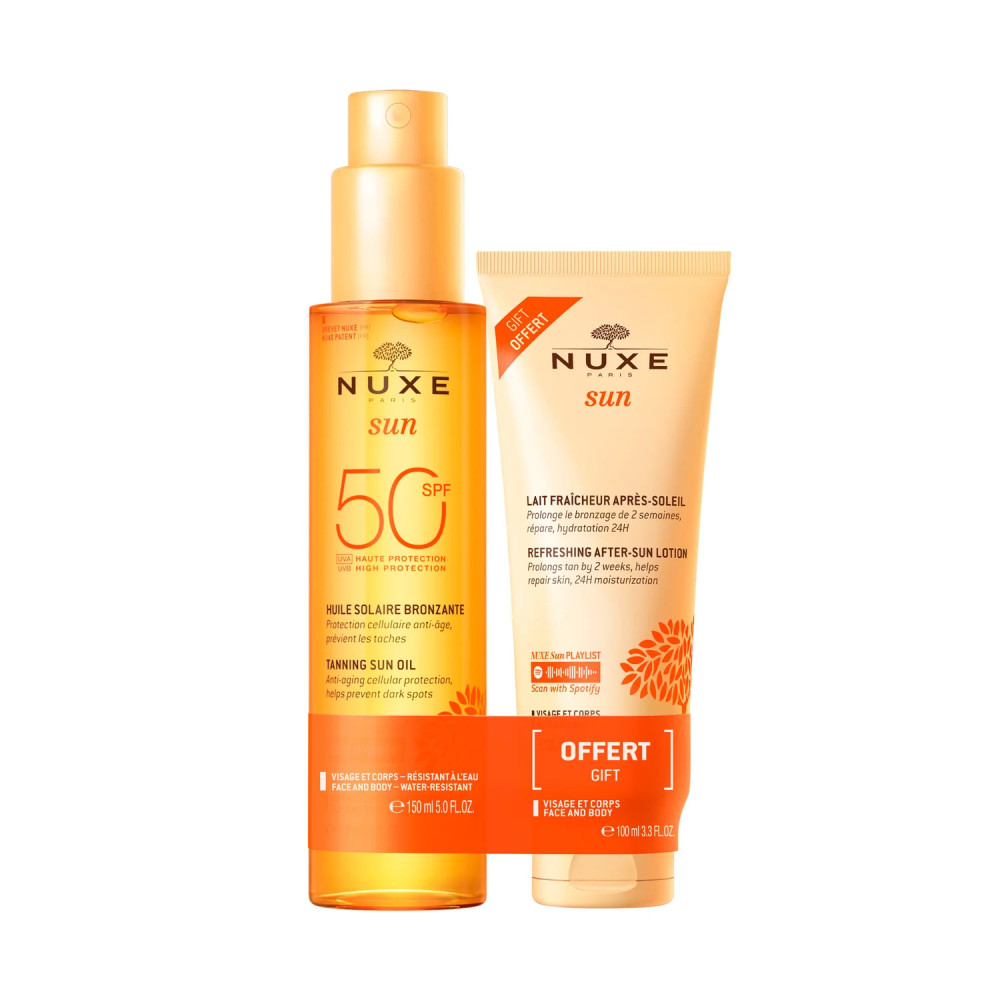 НУКС SUN ПРОМО КОМПЛЕКТ SPF50+ слънцезащитно олио за придобиване на тен 150 мл + AFTER-SUN лосион за след слънце 100 мл - Слънцезащита