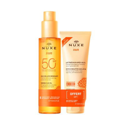 НУКС SUN ПРОМО КОМПЛЕКТ SPF50+ сълнцезащитно олио за придобиване на тен 150 мл + AFTER-SUN лосион за след слънце 100 мл