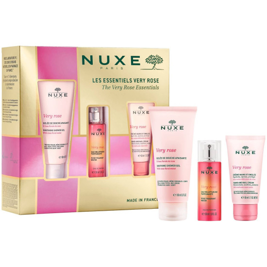 NUXE VERY ROSE ПРОМО КОМПЛЕКТ нежен душ гел за тяла 100 мл + парфюмна розова вода 30 мл + крем за ръце и нокти 50 мл