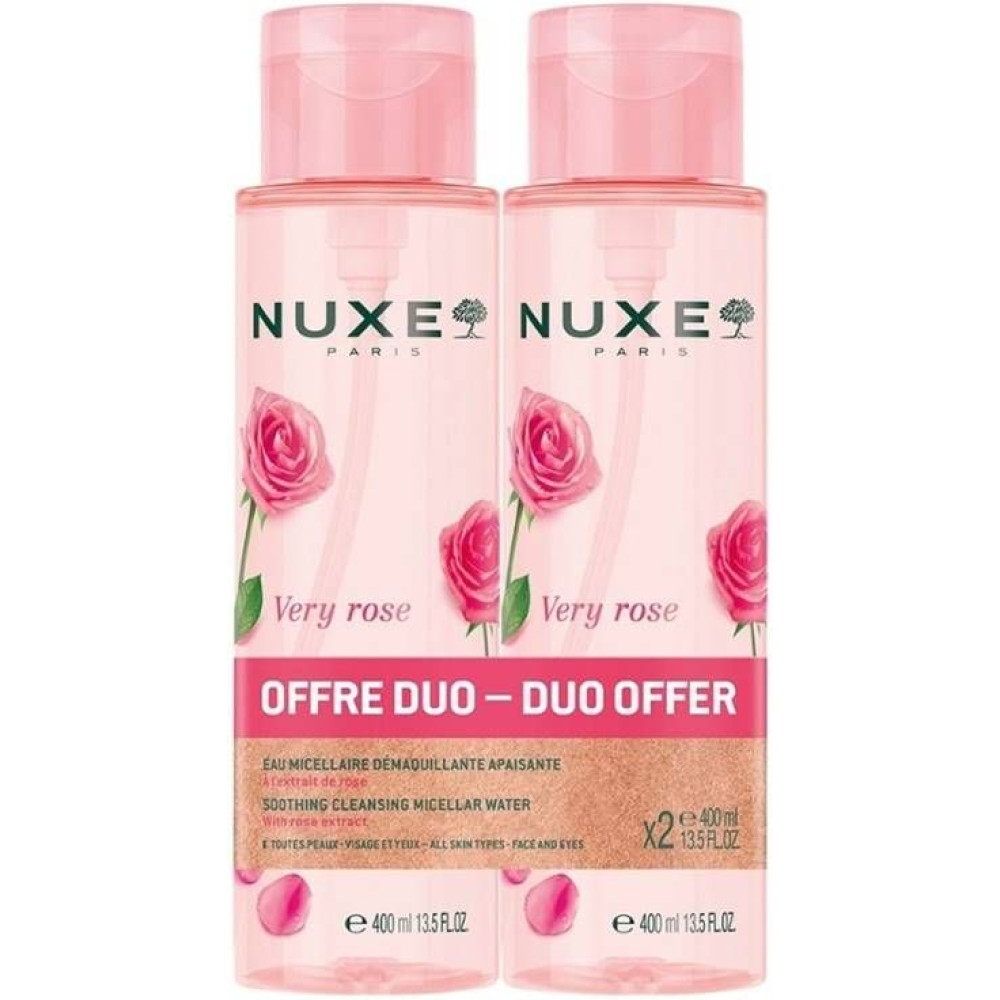 NUXE VERY ROSE DUO КОМПЛЕКТ 3 in 1 Soothing Micellar Water успокояваща мицеларна вода за всеки тип кожа 2 х 400 мл - Грижа за лицето