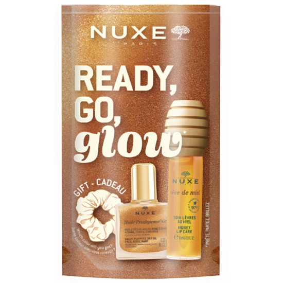 NUXE GLOW ON THE GO HONEY ПРОМО КОМПЛЕКТ медена грижа за устни 10 мл + сухо масло със златисти частици 10 мл + скрънч за коса