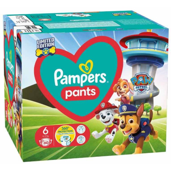 ПАМПЕРС PANTS 6 гащи за бебета и деца /14-19 кг/ х 60 бр PAW PATROL кутия