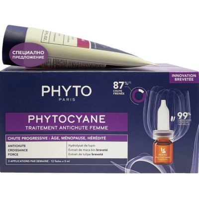 PHYTO PHYTOCYANE КОМПЛЕКТ ПРОТИВ ПРОГРЕСИВЕН КОСОПАД ПРИ ЖЕНИ Терапия против косопад 12 х 5 мл + Шампоан PHYTOCYANE 100 мл