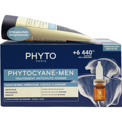 PHYTO PHYTOCYANE MEN КОМПЛЕКТ ПРОТИВ ПРОГРЕСИВЕН КОСОПАД ПРИ МЪЖЕ Терапия против косопад 12 х 3.5 мл + Шампоан PHYTOCYANE 100 мл