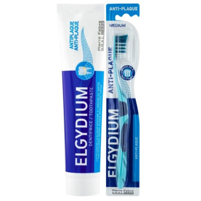 ELGYDIUM КОМПЛЕКТ ANTI-PLAQUE АНТИПЛАКОВА паста за зъби 75 мл + ANTI-PLAQUE АНТИПЛАКОВА четка за зъби M