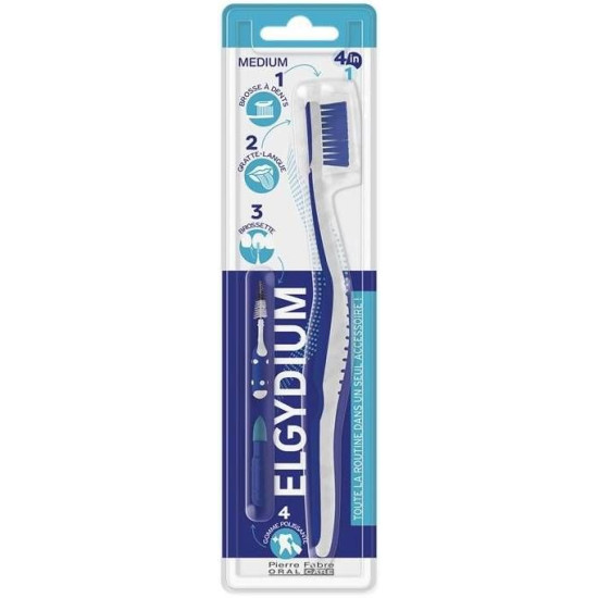 ELGYDIUM 4in1 четка за зъби MEDIUM (четка за зъби, стъргалка за език, интердентална четка и полиращ аксесоар)