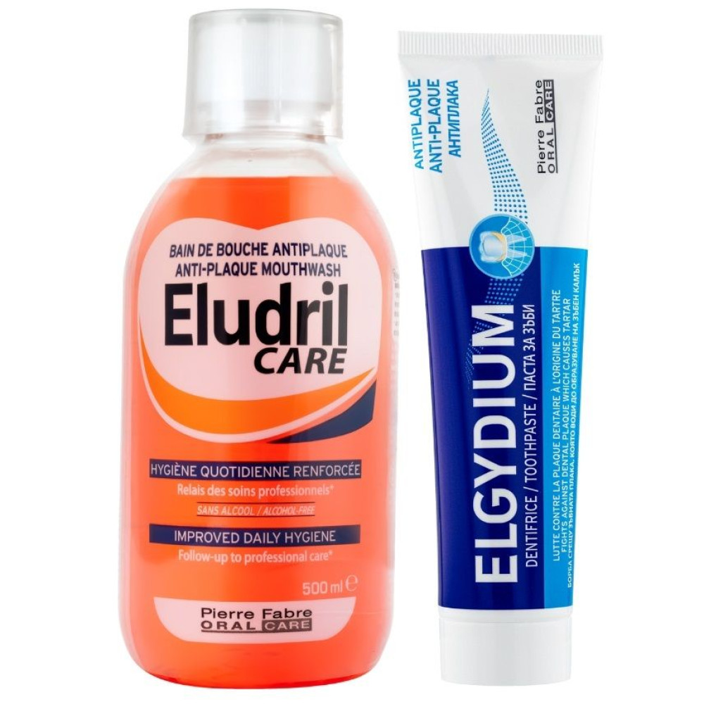 ELUDRIL ПРОМО КОМПЛЕКТ CARE вода за уста 500 мл + ELGYDIUM ANTI-PLAQUE АНТИПЛАКОВА паста за зъби 75 мл - Орална хигиена