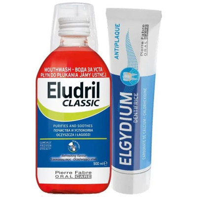 ELUDRIL ПРОМО КОМПЛЕКТ CLASSIC вода за уста 500 мл + ELGYDIUM ANTI-PLAQUE АНТИПЛАКОВА паста за зъби 100 мл