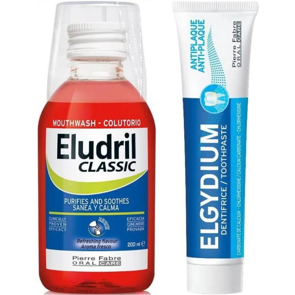 Eludril Classic вода за уста – концентрат, който почиства и успокоява 200мл. + Elgydium паста за зъби антиплака 50мл. - Eludril Classic вода за уста – концентрат, който почиства и успокоява 200мл. + Elgydium паста за зъби антиплака 50мл. -