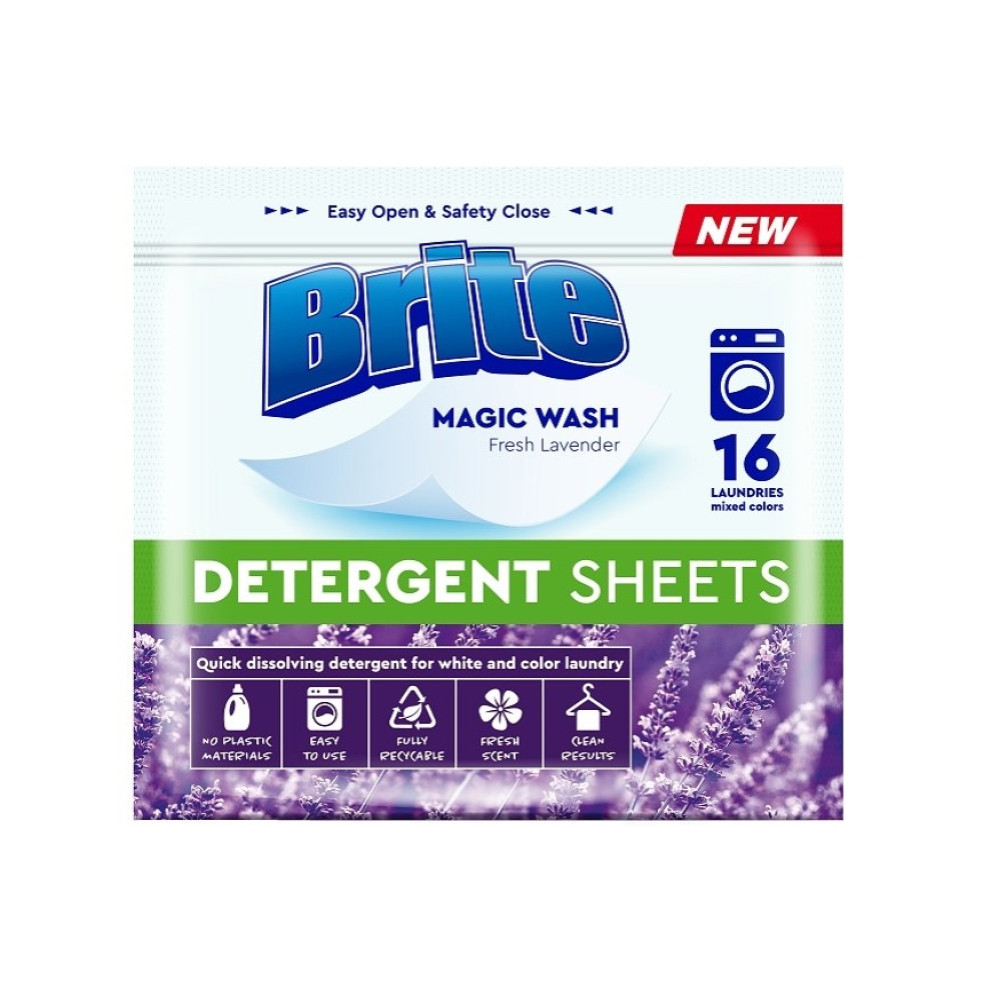 BRITE DETERGENT SHEETS FRESH LAVENDER перилен препарат, ленти х 16 бр - Домашни потреби