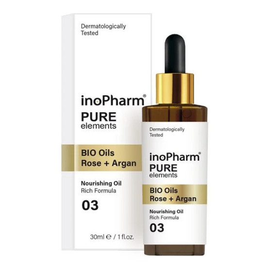 ᐉ ИНОФАРМ PURE ELEMENTS BIO OILS ROSE + ARGAN масло за лице и шия с био масла от роза и арган 30 мл