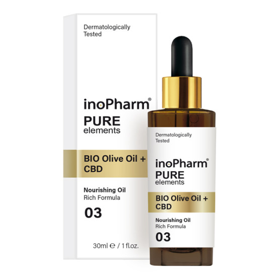 ᐉ ИНОФАРМ PURE ELEMENTS BIO OLIVE + CBD масло за лице и шия с канабидиол и масло от маслина 30 мл