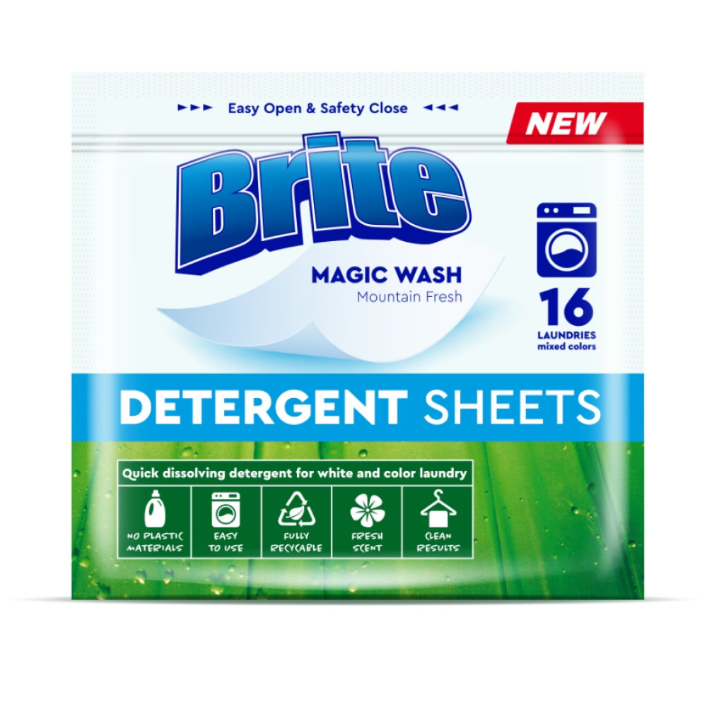 BRITE DETERGENT SHEETS MOUNTAIN FRESH перилен препарат, ленти х 16 бр - Домашни потреби