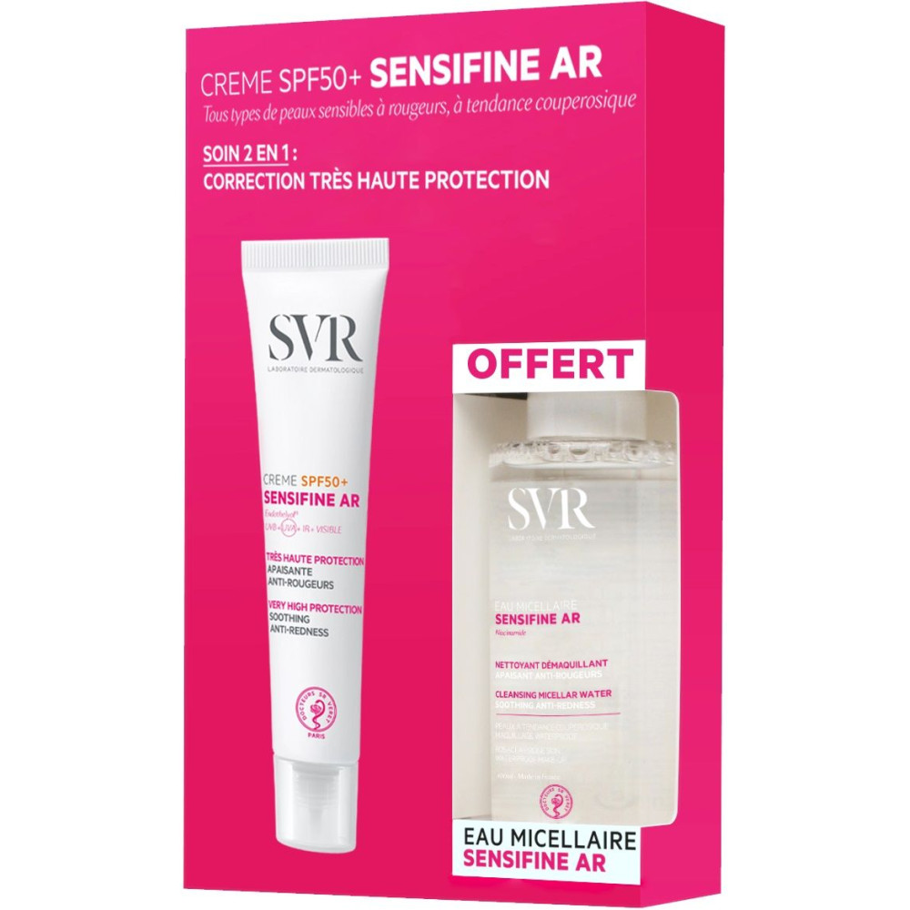 SVR SENSIFINE AR КОМПЛЕКТ SPF50+ слънцезащитен крем за чувствителна кожа склонна към зачервявания 40 мл + мицеларна вода 75 мл - Слънцезащита