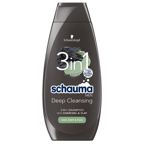 SCHAUMA MEN DEEP CLEANSING 3в1 шампоан с активен въглен и глина за мъже за коса тяло и лице 400 мл