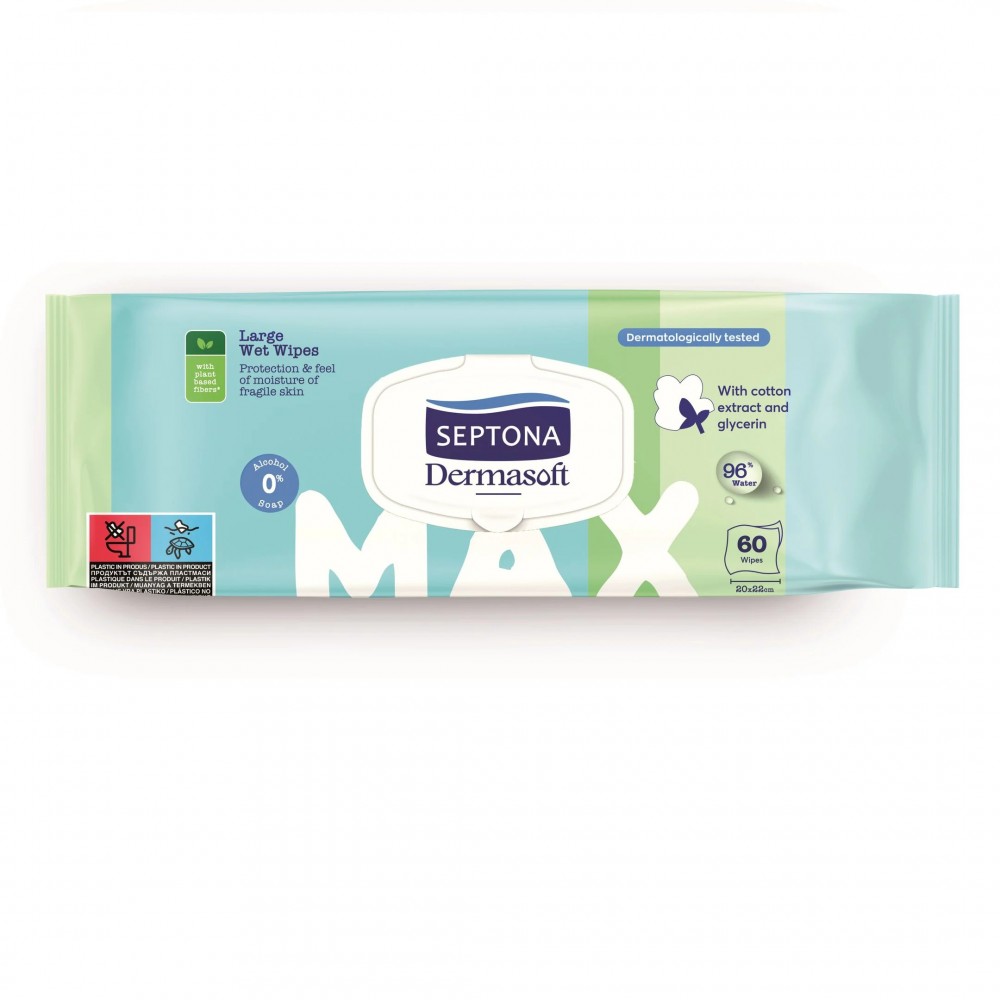 СЕПТОНА MAX DERMASOFT мокри почистващи кърпи х 60 бр - Грижа за лицето и тялото