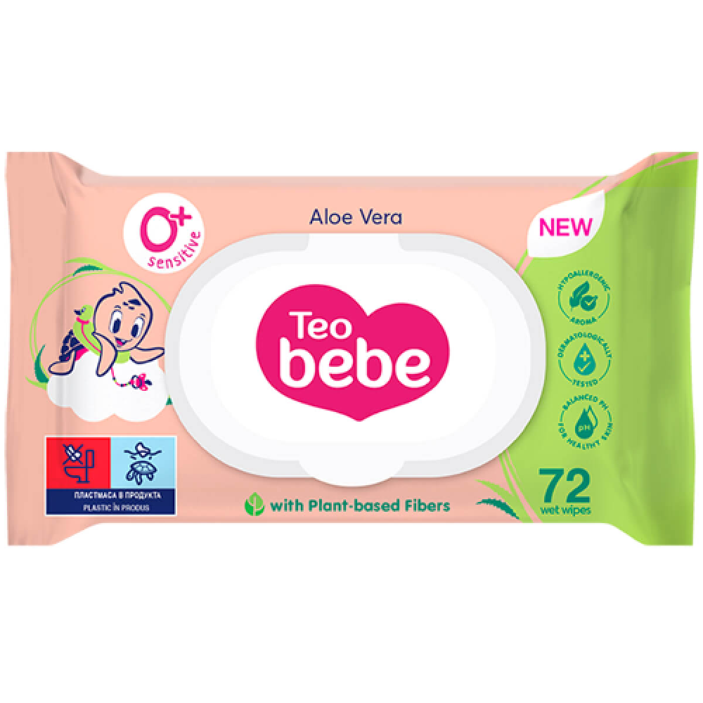 ТЕО БЕБЕ ALOE VERA бебешки мокри кърпички с капак х 72 бр - Бебешка и детска козметика