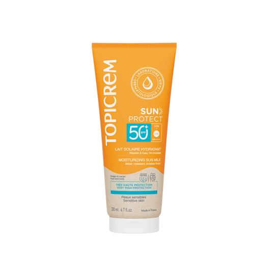 TOPICREM SUN PROTECT SPF50+ фотозащитно хидратиращо мляко преди слънце за лице и тяло 200 мл
