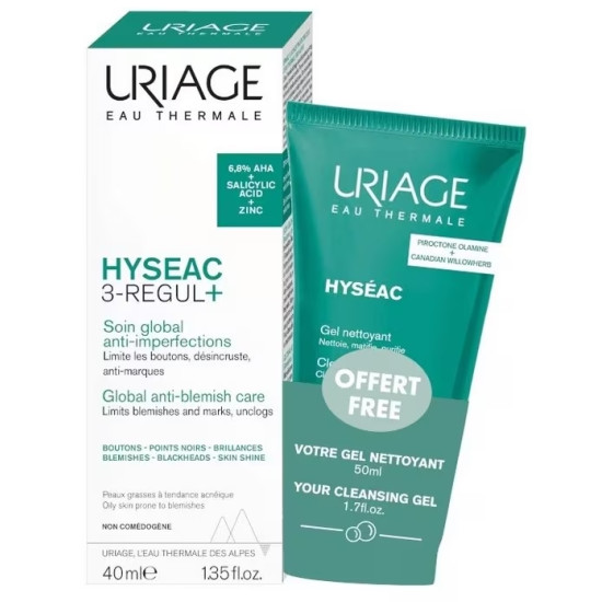 URIAGE HYSEAC 3-REGUL+ КОМПЛЕКТ глобална грижа против несъвършенства за мазна кожа 40мл +нежен почистващ гел за лице и тяло 50мл