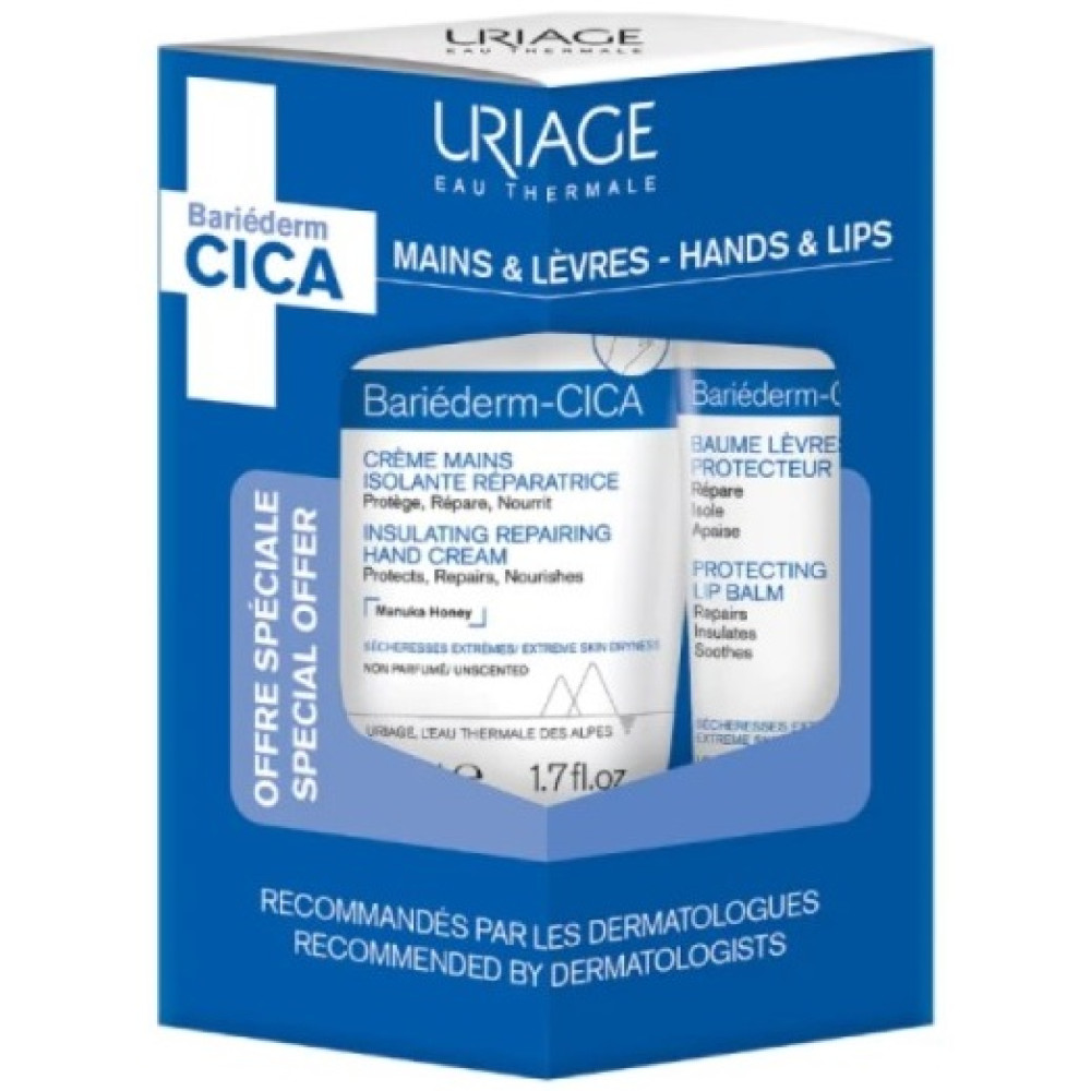 URIAGE BARIEDERM-CICA DUO КОМПЛЕКТ PROTECTING LIP BALM + INSULATING REPAIRING HAND CREAM балсам за устни 15мл + крем за ръце 50м - Грижа за устните