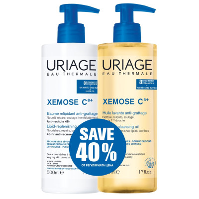 URIAGE XEMOSE C8+ КОМПЛЕКТ олио-балсам против сърбеж за суха кожа 500 мл + почистващо успокояващо душ-олио за лице и тяло 500 мл