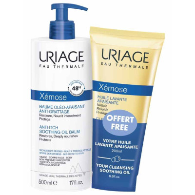 URIAGE XEMOSE КОМПЛЕКТ липидо-възстановяващо олио-балсам за лице и тяло за суха и раздразнена кожа 500 мл + измивно олио 200 мл