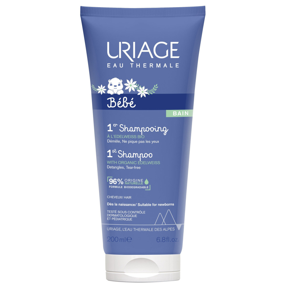 URIAGE BEBE 1ST SHAMPOO нежен шампоан за коса и тяло с органичен еделвайс без сапун за бебета и деца 200 мл