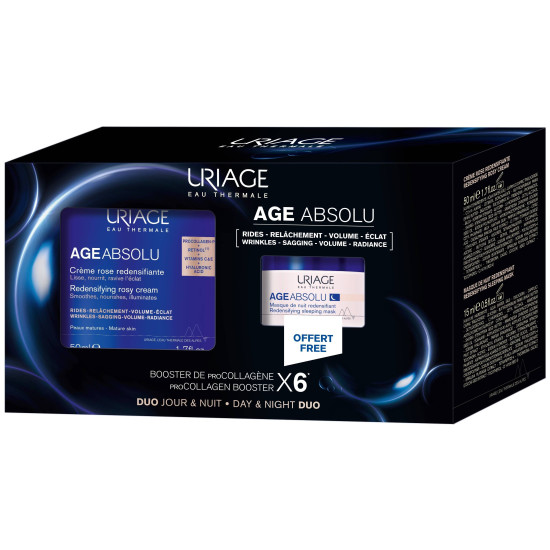 URIAGE AGE ABSOLU КОМПЛЕКТ ГЛОБАЛНА КОРИГИРАЩА ГРИЖА ЗА ЗРЯЛА КОЖА ДЕН И НОЩ уплътняващ дневен крем 50 мл + нощна маска 15 мл